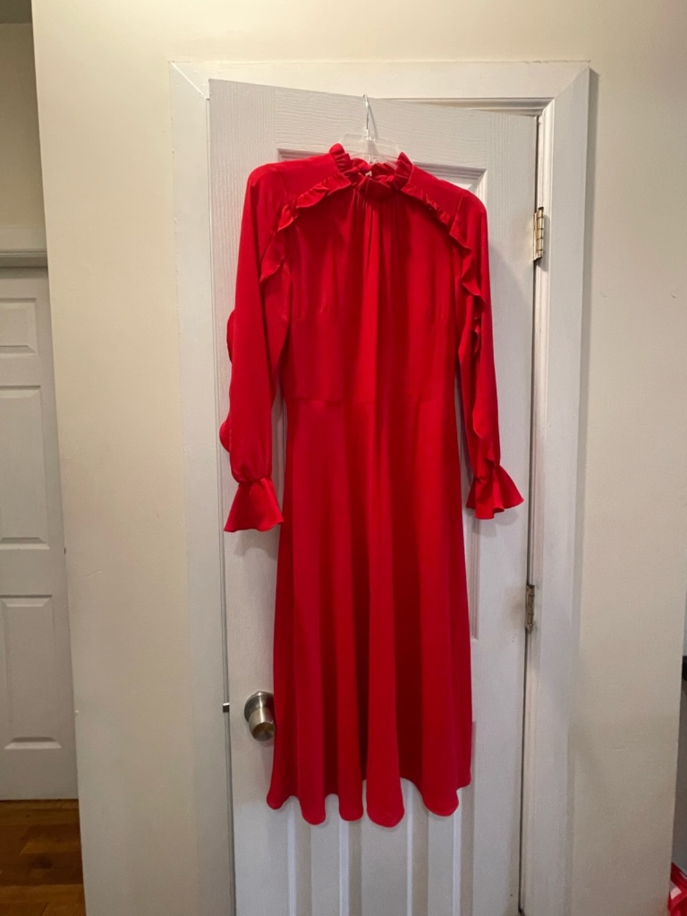 Donna Morgan Red Ruffle-Trim Long Sleeve Midi Dress